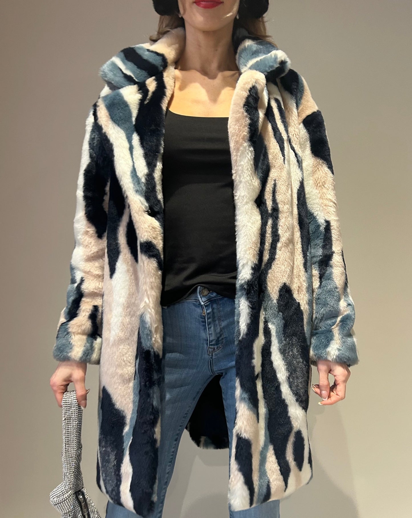Multi-Coloured Faux Fur Coat - Cream/Blue/Pink