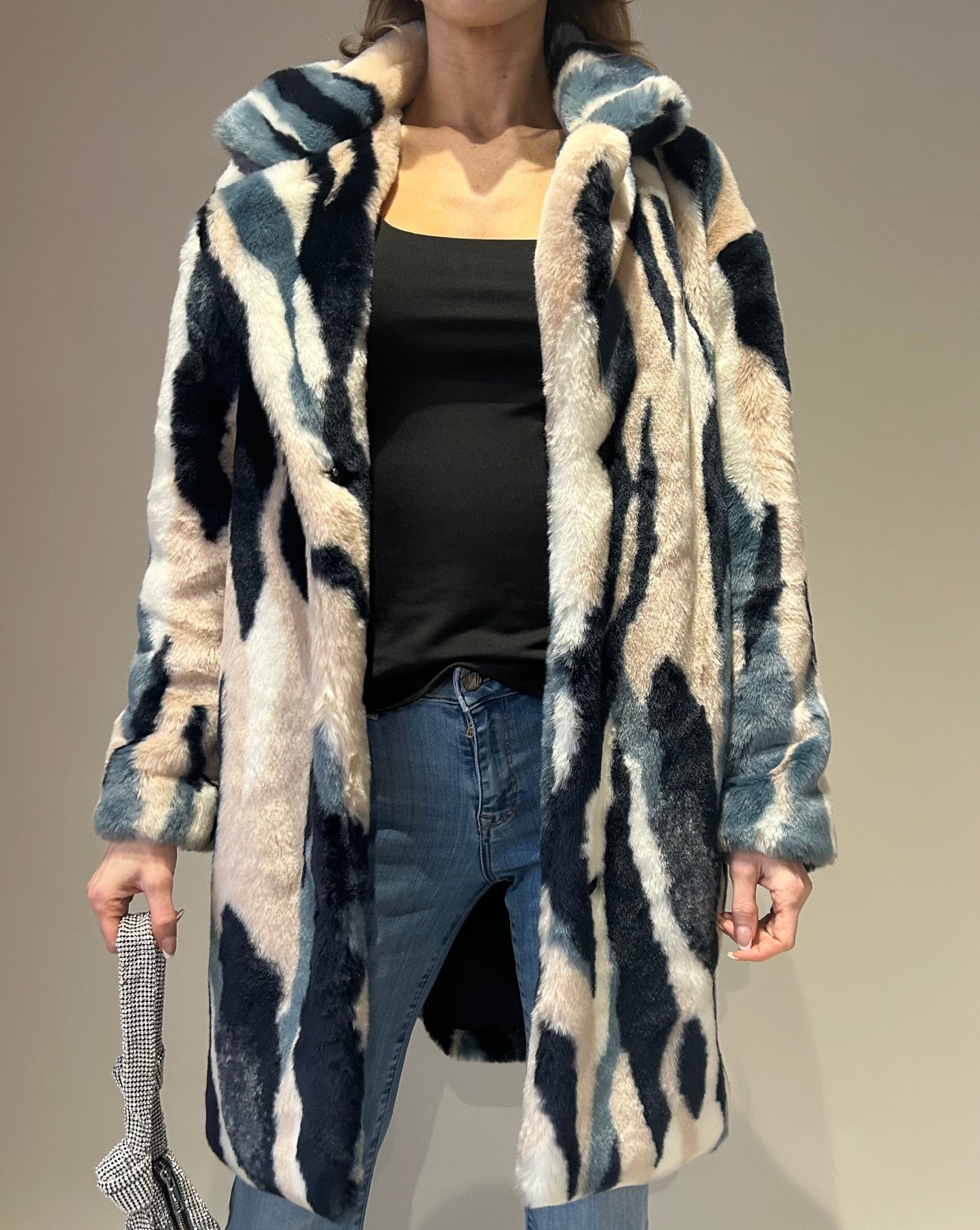 Multi-Coloured Faux Fur Coat - Cream/Blue/Pink