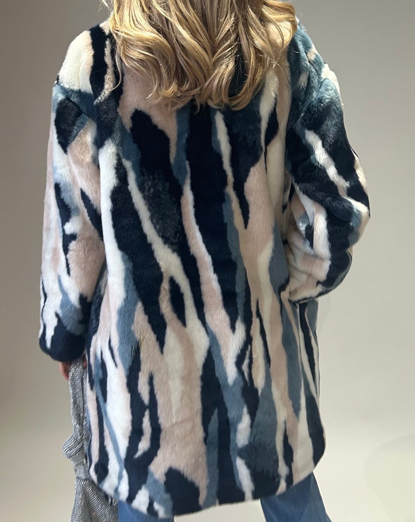 Multi-Coloured Faux Fur Coat - Cream/Blue/Pink