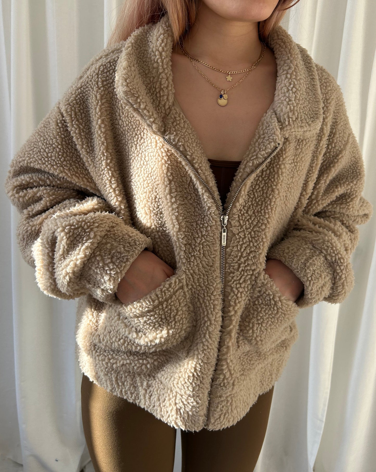 Guess Sherpa Bomber Jacket - Brown