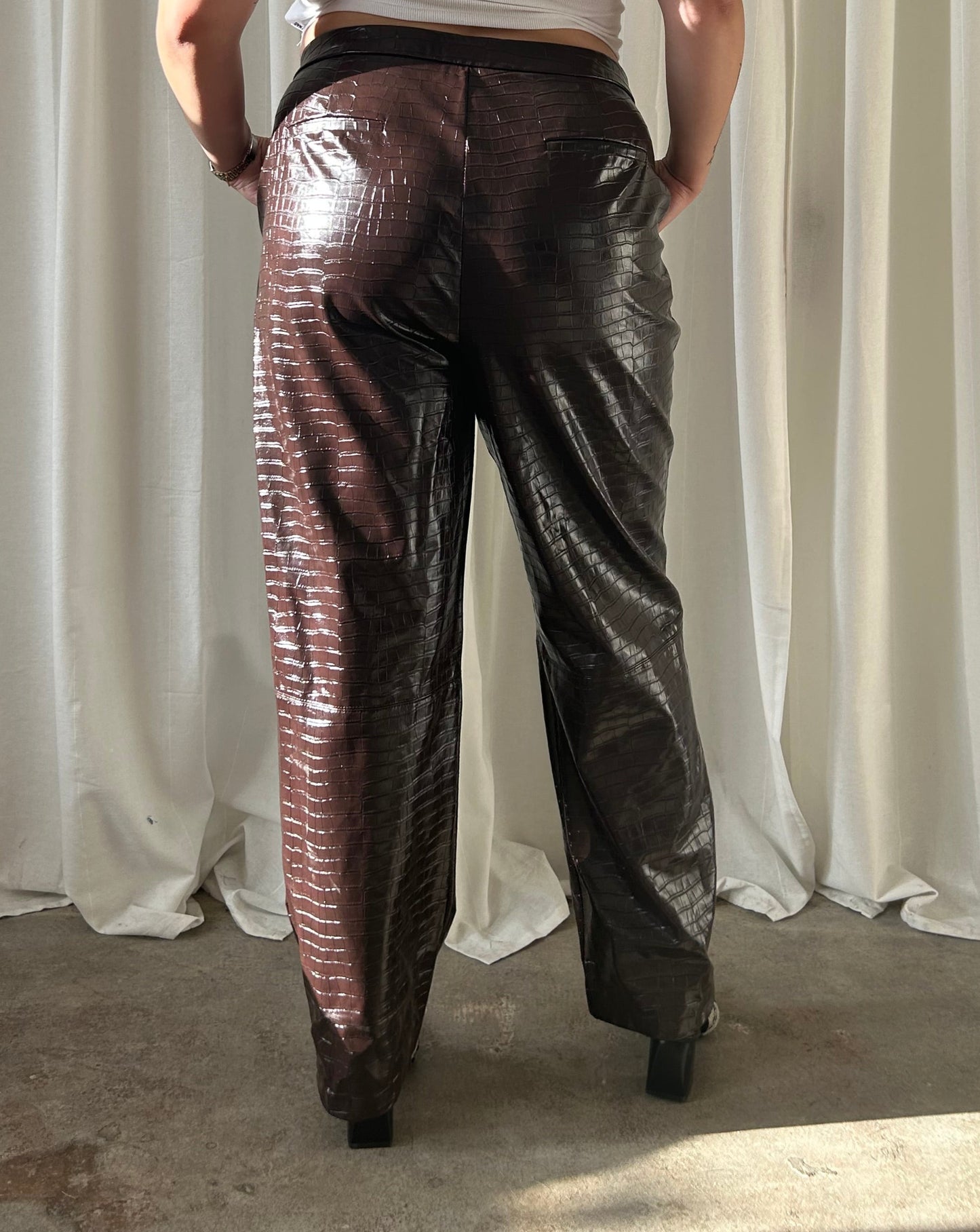 Faux Leather Croc Print Pants - Brown