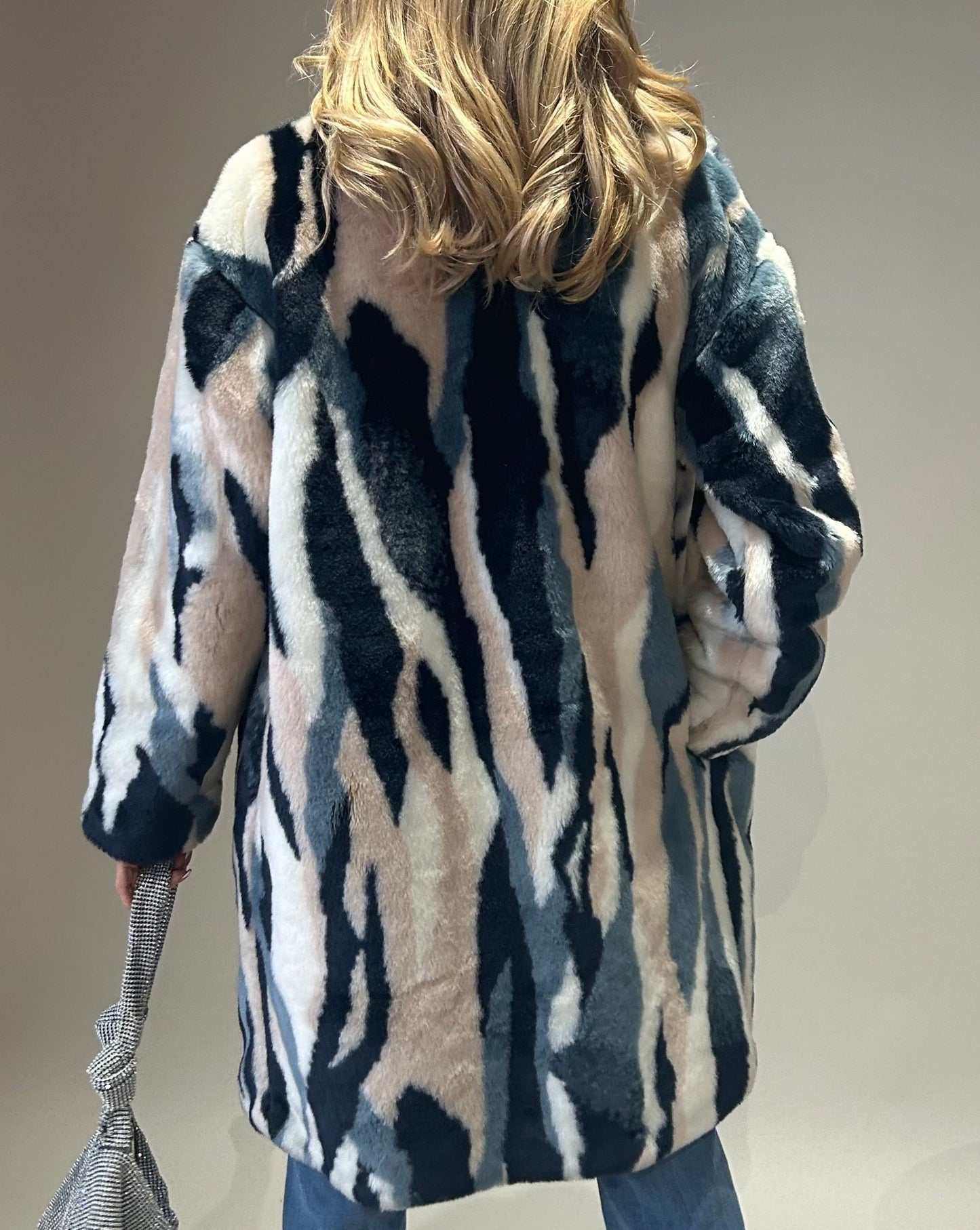 Multi-Coloured Faux Fur Coat - Cream/Blue/Pink
