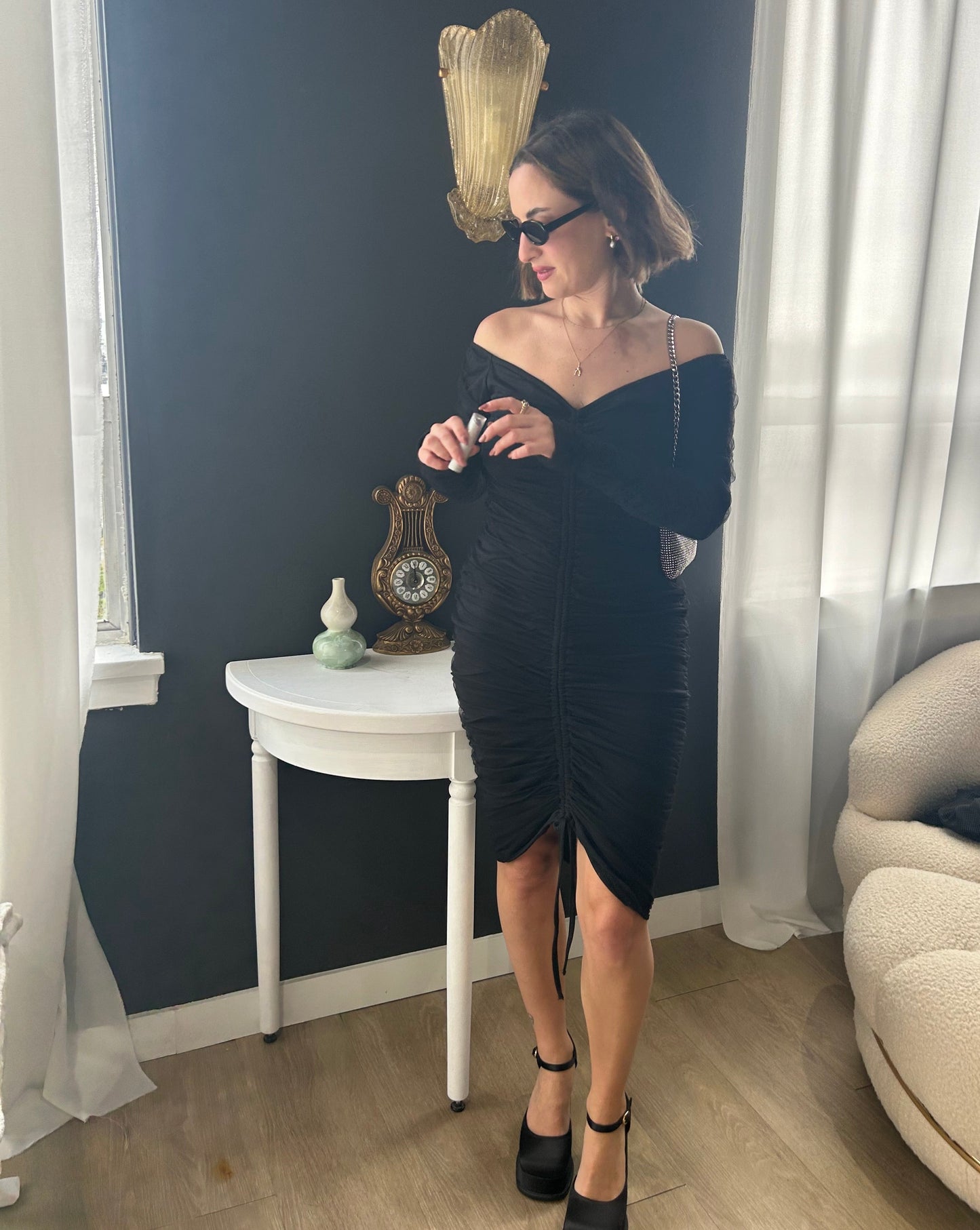 Rouched Long Sleeve Dress - Black