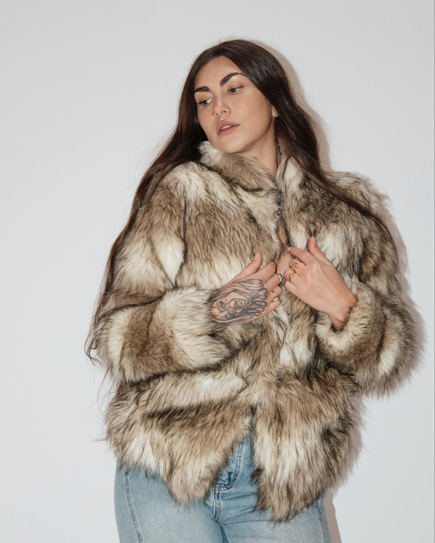Faux Fur Coat - Brown/Cream