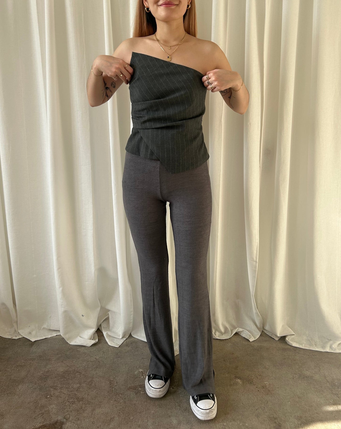 Zara Pin-Stripe Asymetrical Top - Grey