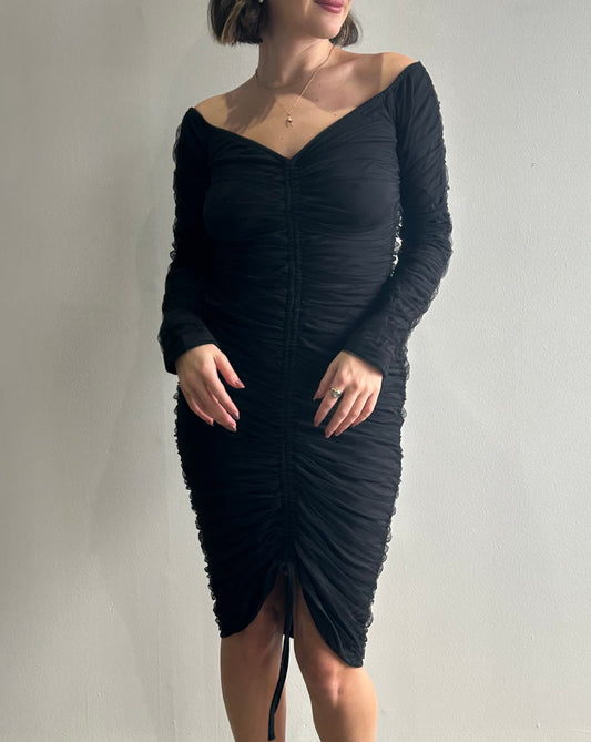 Rouched Long Sleeve Dress - Black