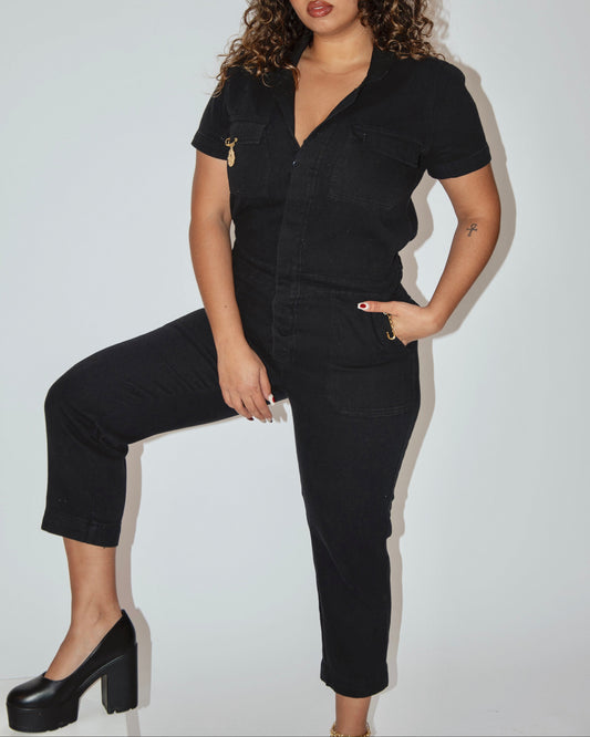 Charmed Denim Jumpsuit - Black Denim/ Gold