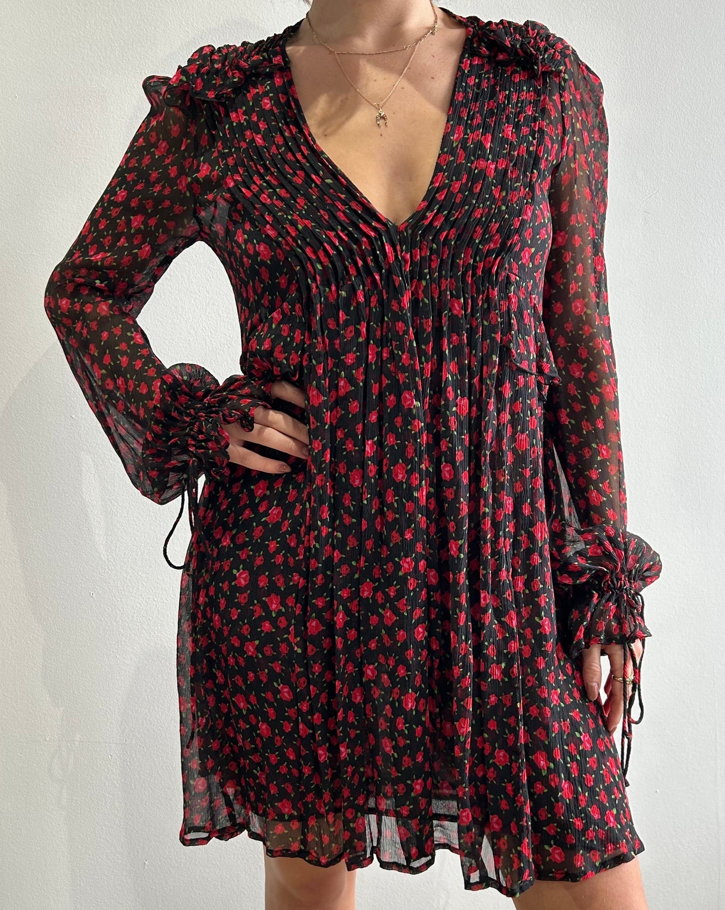 The Kooples Flowy Rose Dress -Black/Red/Green