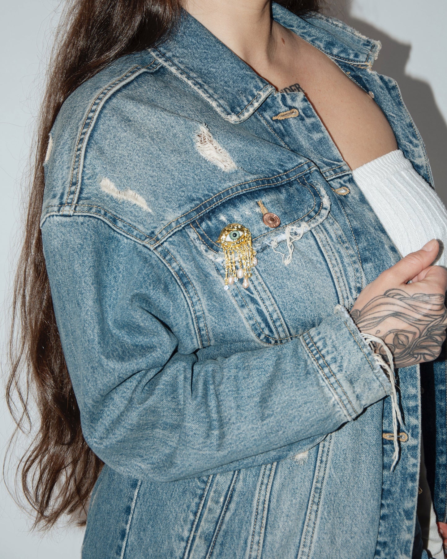 Zara All Eyes On You Denim Jacket - Medium Wash/ Gold