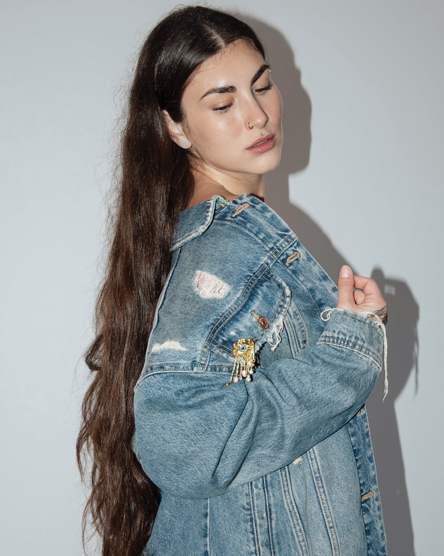 Zara All Eyes On You Denim Jacket - Medium Wash/ Gold