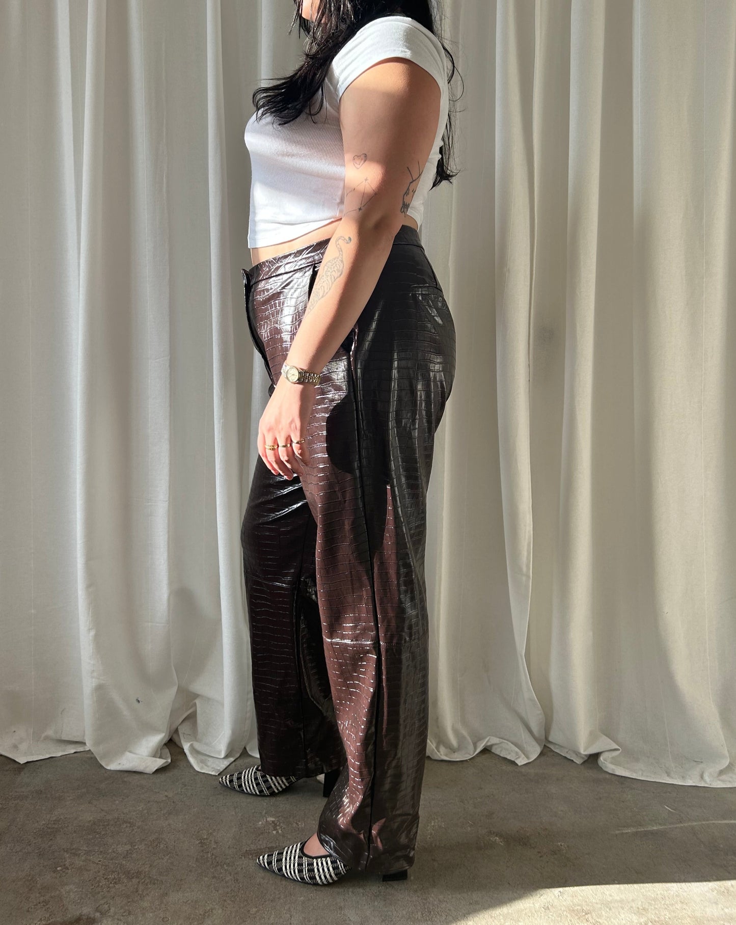 Faux Leather Croc Print Pants - Brown