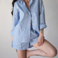 Striped Button Up + Short Set - Blue