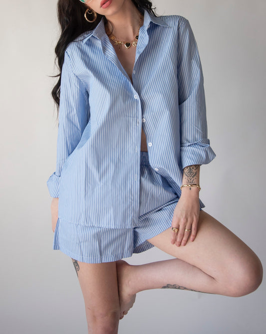 Striped Button Up + Short Set - Blue