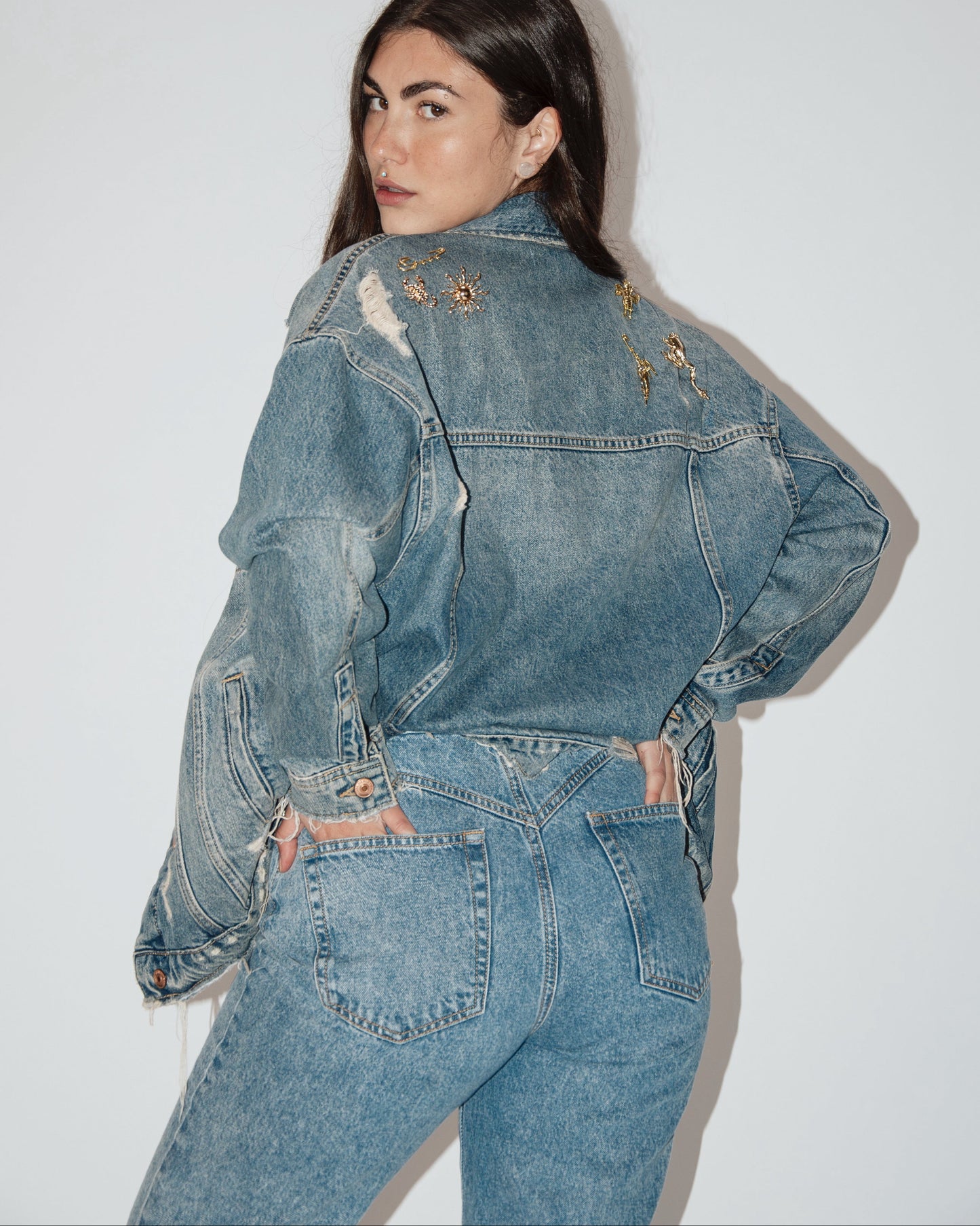 Zara All Eyes On You Denim Jacket - Medium Wash/ Gold