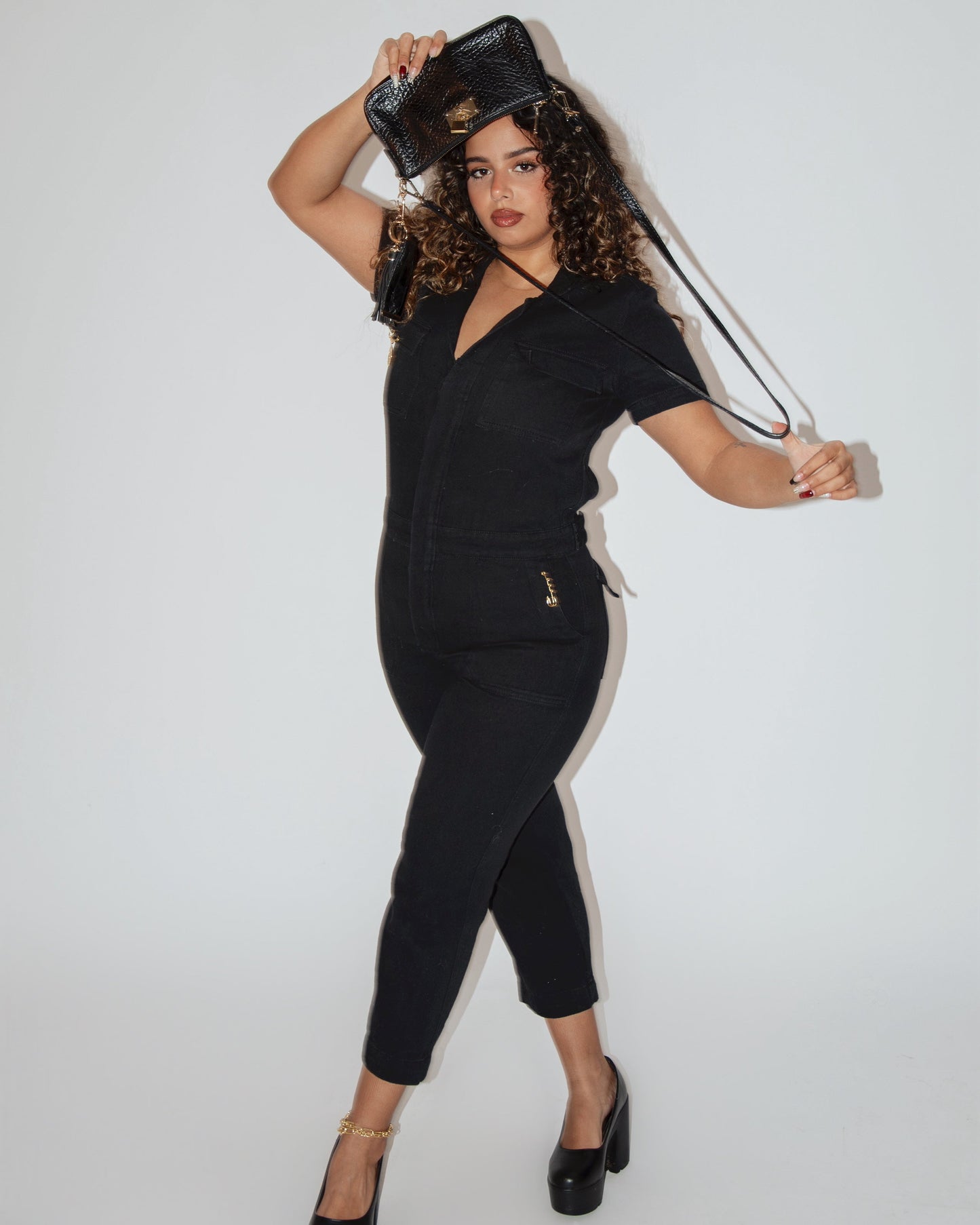 Charmed Denim Jumpsuit - Black Denim/ Gold
