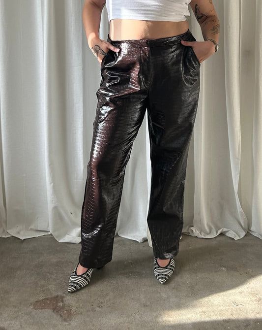Faux Leather Croc Print Pants - Brown