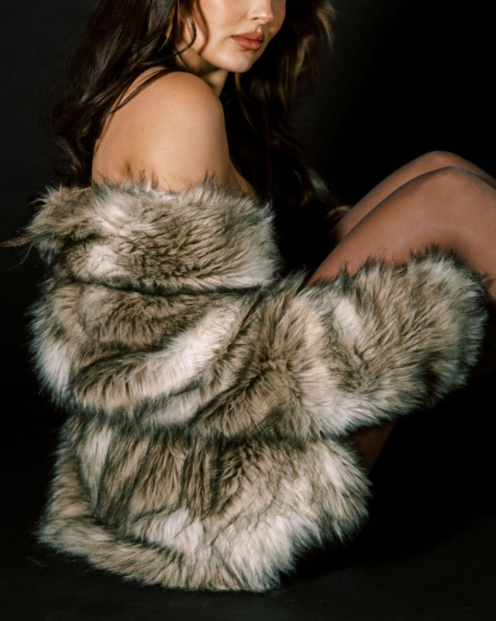 Faux Fur Coat - Brown/Cream