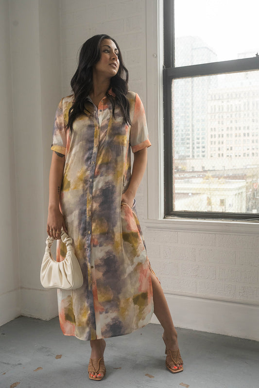 Tie-dye Button Up Silk Dress