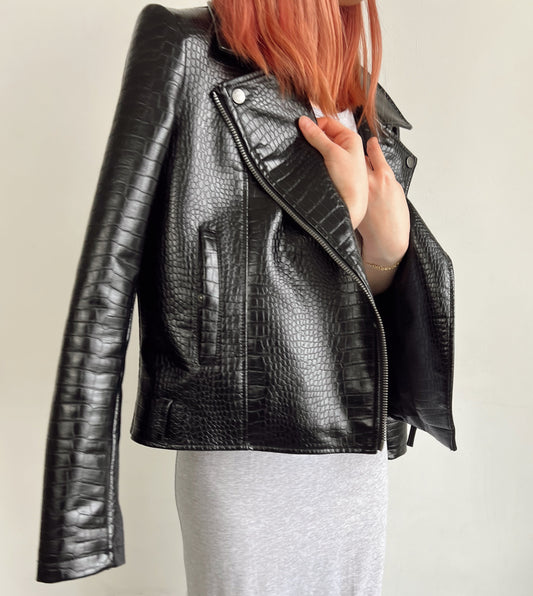 Snake Print Black Leather Jacket
